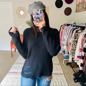 Anthropologie One Grey Day Robert Sweater Cropped Shredded Knit Crewneck Black